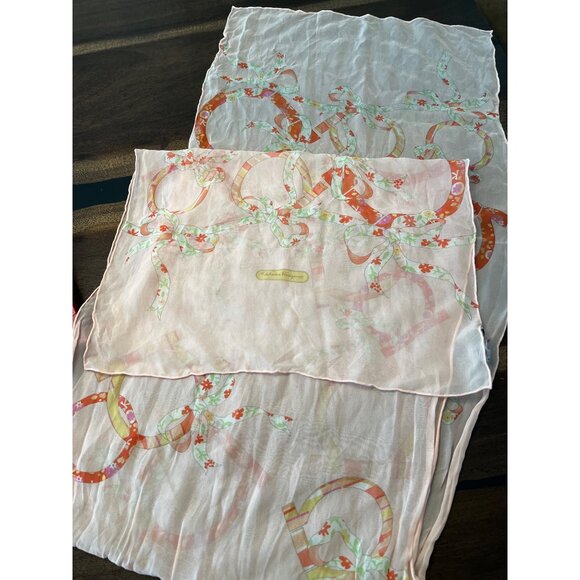 Vintage Salvatore Ferragamo 100% Silk Pink Scarf With Floral Ribbon Print & Orig - Picture 1 of 6